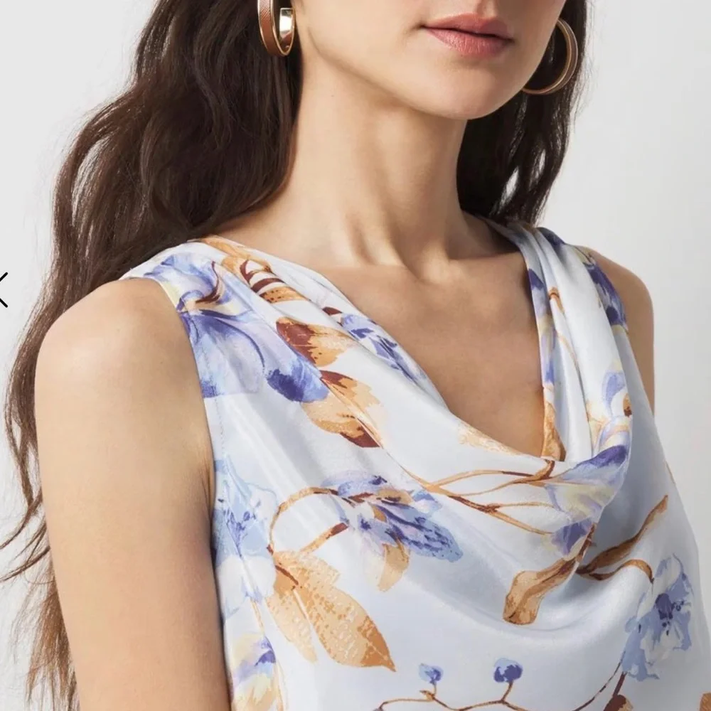 White House Black Market Cowl Neck Ruched Midi Floral Dress Size 10 Light Blue - Picture 5 of 14